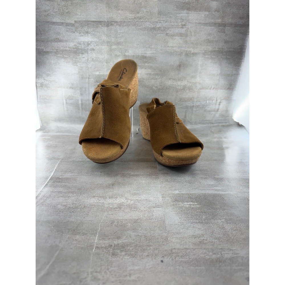 Clarks Elements Tan Suede Cork Wedge Slingback Sandals Women Sz 9M 85611